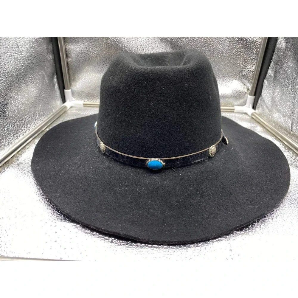 Bee Hat Co Cowboy‎ Hat Mens 7 1/4 Black Felt Turquoise Concho Wide Brim Western